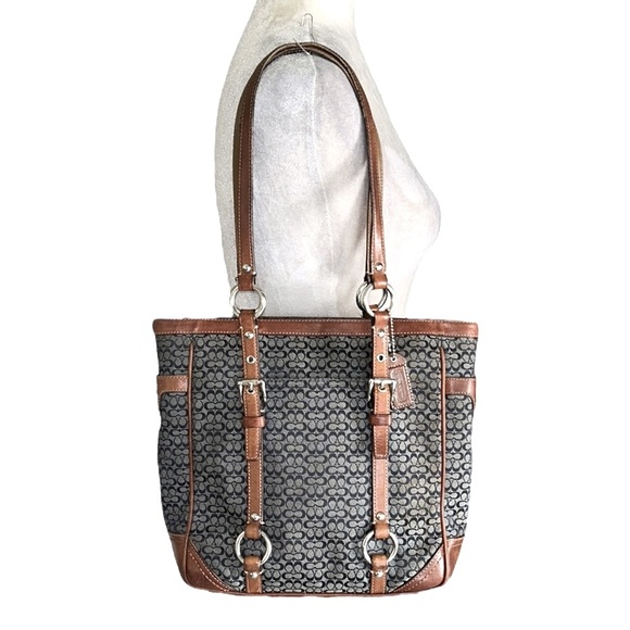 COACH Gallery Navy Blue Signature Logo Tan Leather Shoulder Tote Bag F11526 - Picture 2 of 16